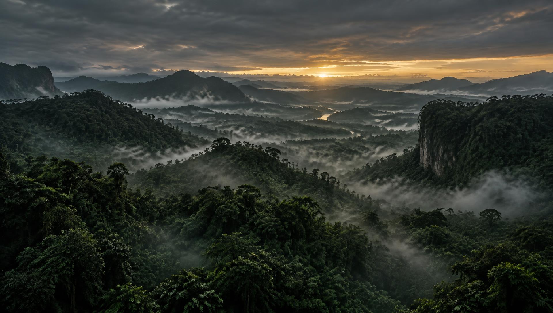 Misty forest valley at dawn, filmed from the air